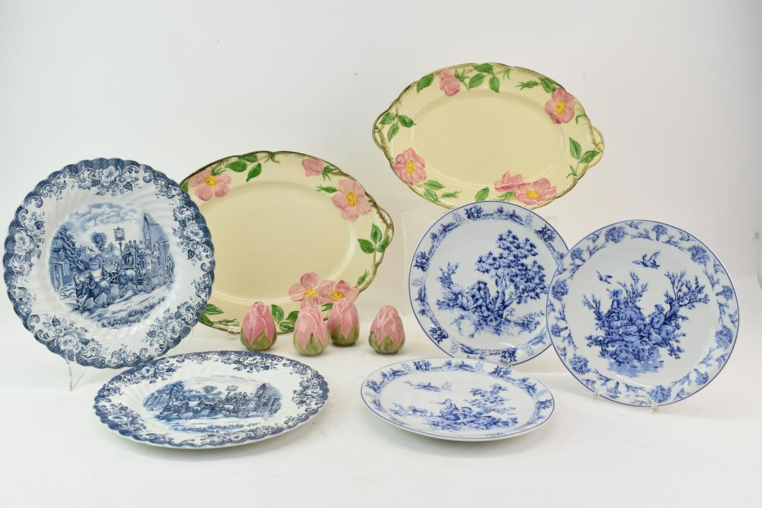Pair of Johnson Brothers Coaching Scene Plates: Pair of Johnson Brothers Coaching Scene Plates each 9 3/4" diameter. Together with three newer blue and white printed plates, two Franciscan Desert Rose platters, salts and peppers. Used condition.