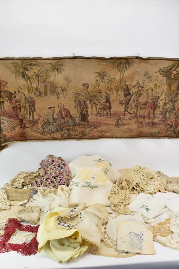 Group of Assorted Table Linens and Textiles: Group of Assorted Table Linens and Textiles. Used condition, wear, worn, stains.