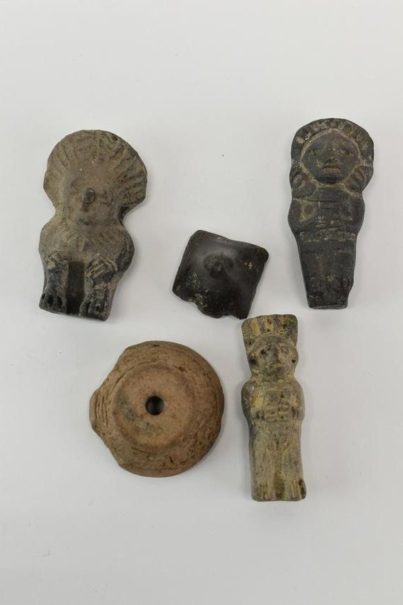 Five Assorted South American Artifacts: Five Assorted South American Artefacts, two Cast Iron Doorstops. Used condition, wear, worn, surface distress Largest: 3"h x 1-3/4"w x 1"d