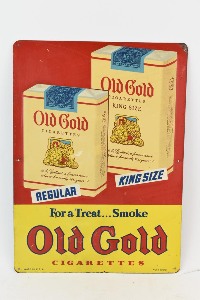 Metal Old Gold Cigarettes Advertising Sign: Painted Metal Old Gold Cigarettes Advertising Sign, marked "Made in U.S.A" l.l. and "4520D" l.r. Used condition, wear/worn, rust, losses, mounting holes Appx. 16-1/2"h x 12"w