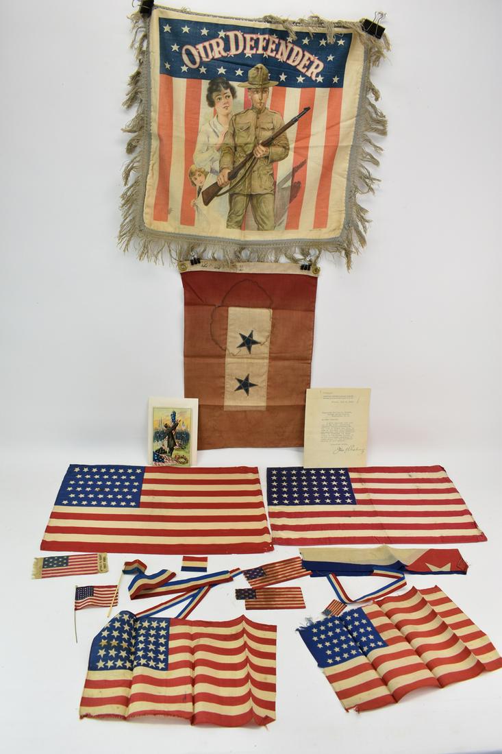 WWI Service Flag & Patriotic Assortment: WWI Service Flag & Patriotic Assortment, comprised of vintage American flags, war correspondence, French flag ribbons, and "Our Defender" fringe-trimmed pennant. Used, wear/worn condition, stains, fad