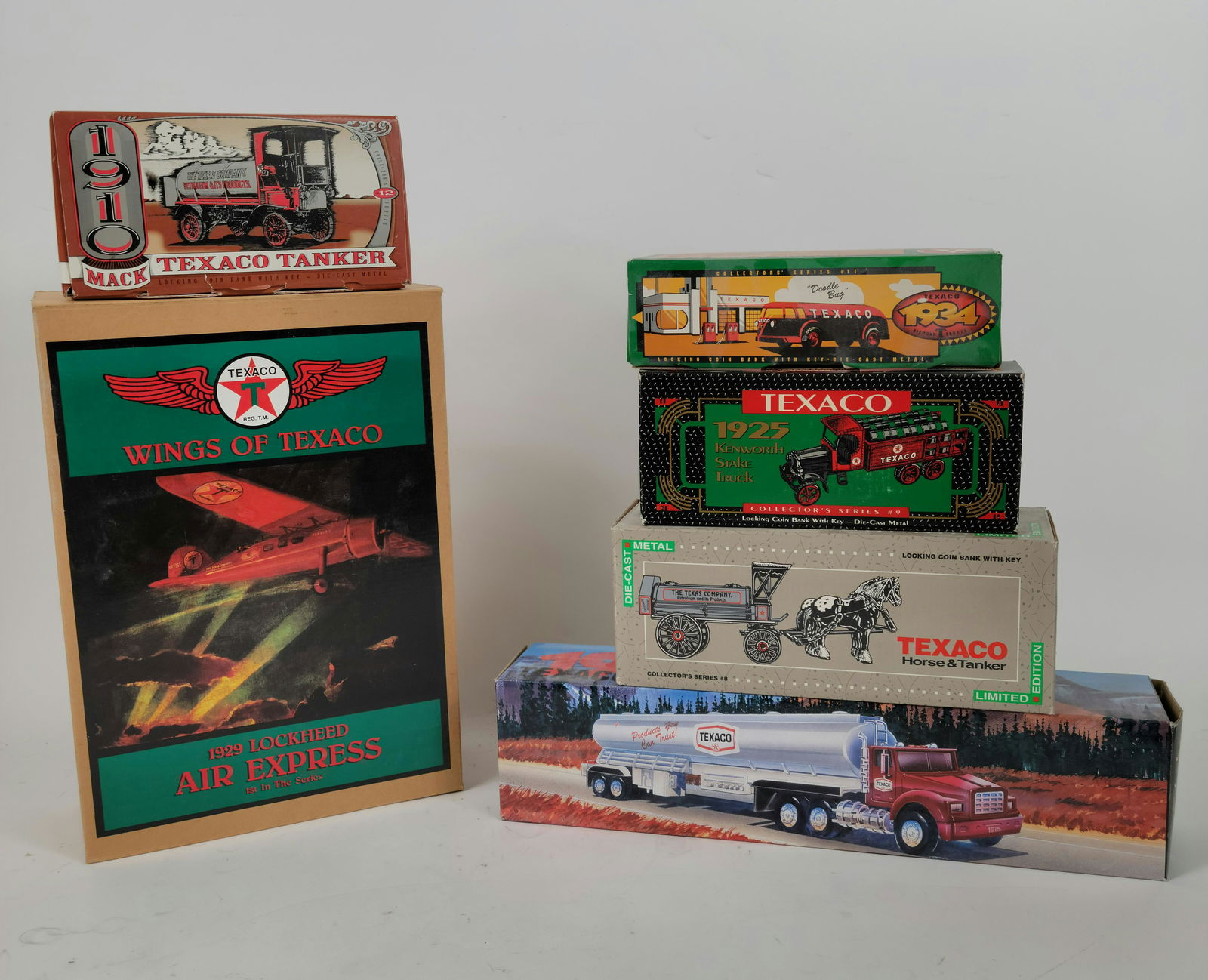 Unopened Group of Six Texaco Trucks, Plane: Unopened Group of Six Texaco Trucks, Plane, etc., in new, unopened, unused condition. Features 6 different vehicles all in original box as shown in photos.