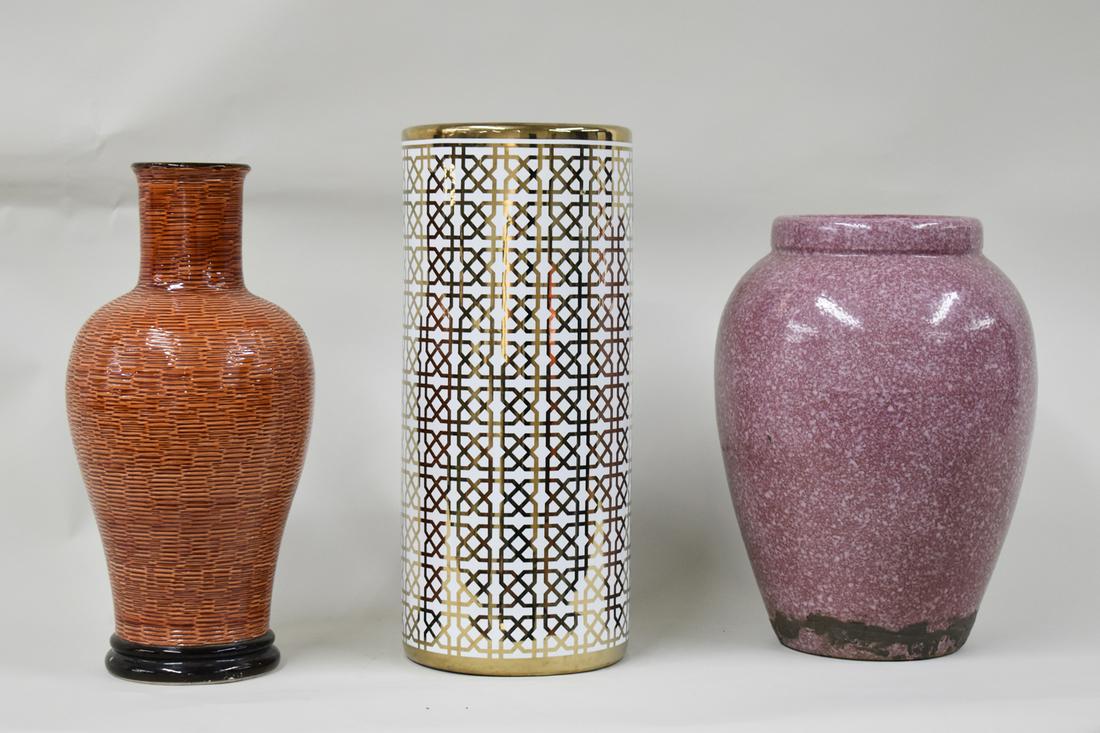 Two Large Ceramic Vases and Umbrella Stand: Two Large Ceramic Vases and Umbrella Stand, all in used condition, the cranberry red example has glue repaired base. New umbrella stand has store label and free from chips or cracks. Basketweave embos