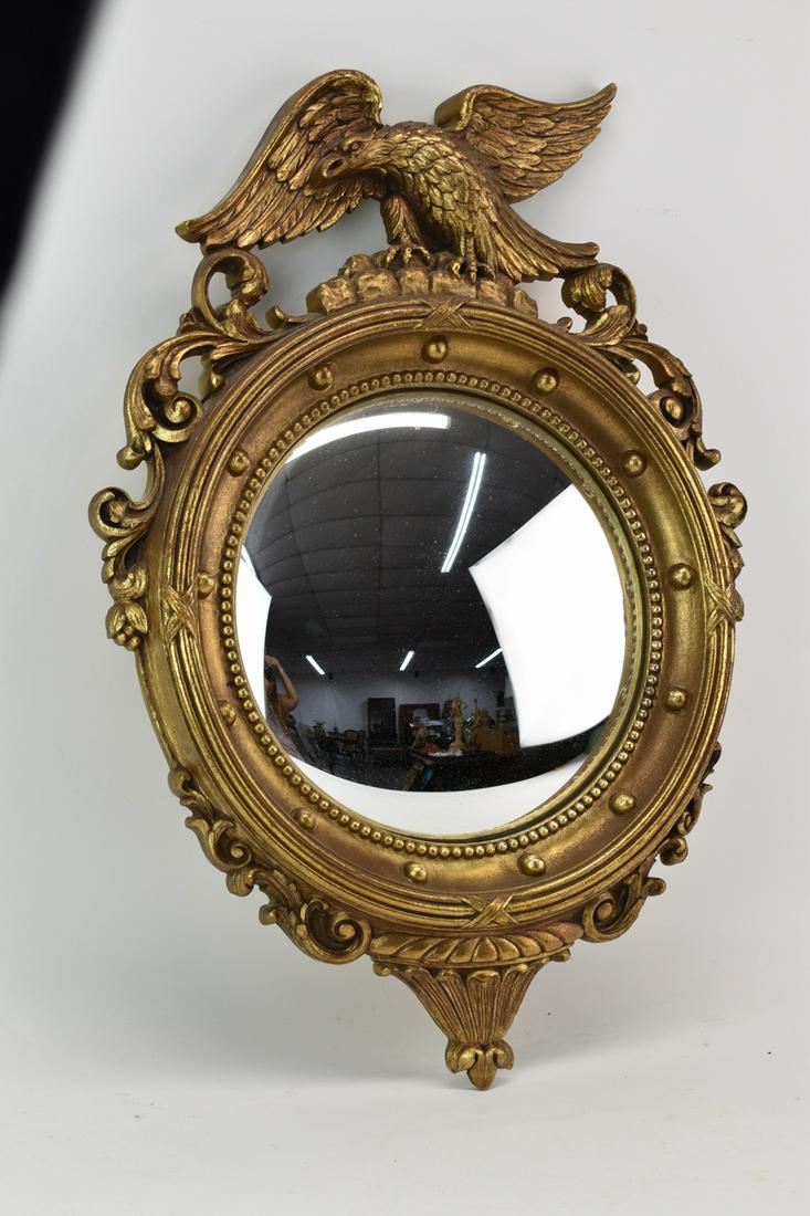 Federal Style Bulls Eye Syroco Wood Convex Mirror: Federal Style Bull's Eye Syroco Wood Convex Mirror Used condition, wear/worn, surface distress Appx 21"h x 14-1/4"w