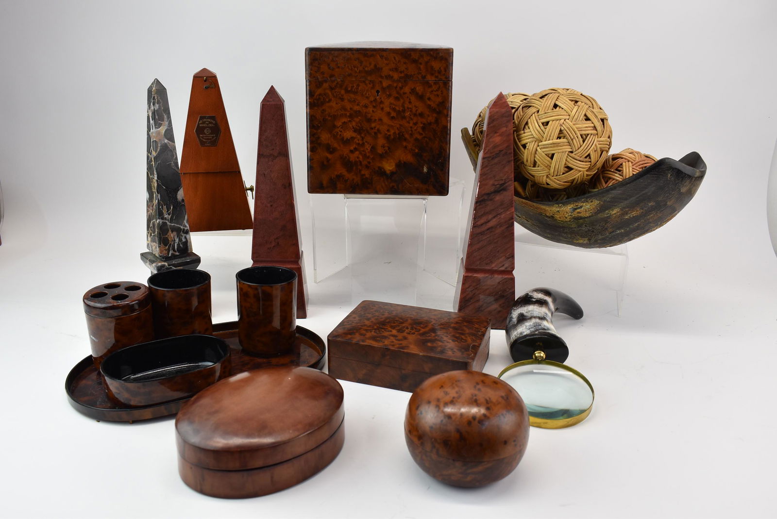 Surprise Lot of Desk Accessories: Surprise Lot of Desk Accessories, including faux tortoiseshell boxes, 3 stone obelisks, a metronome, and other pieces, appx. 11 pieces total