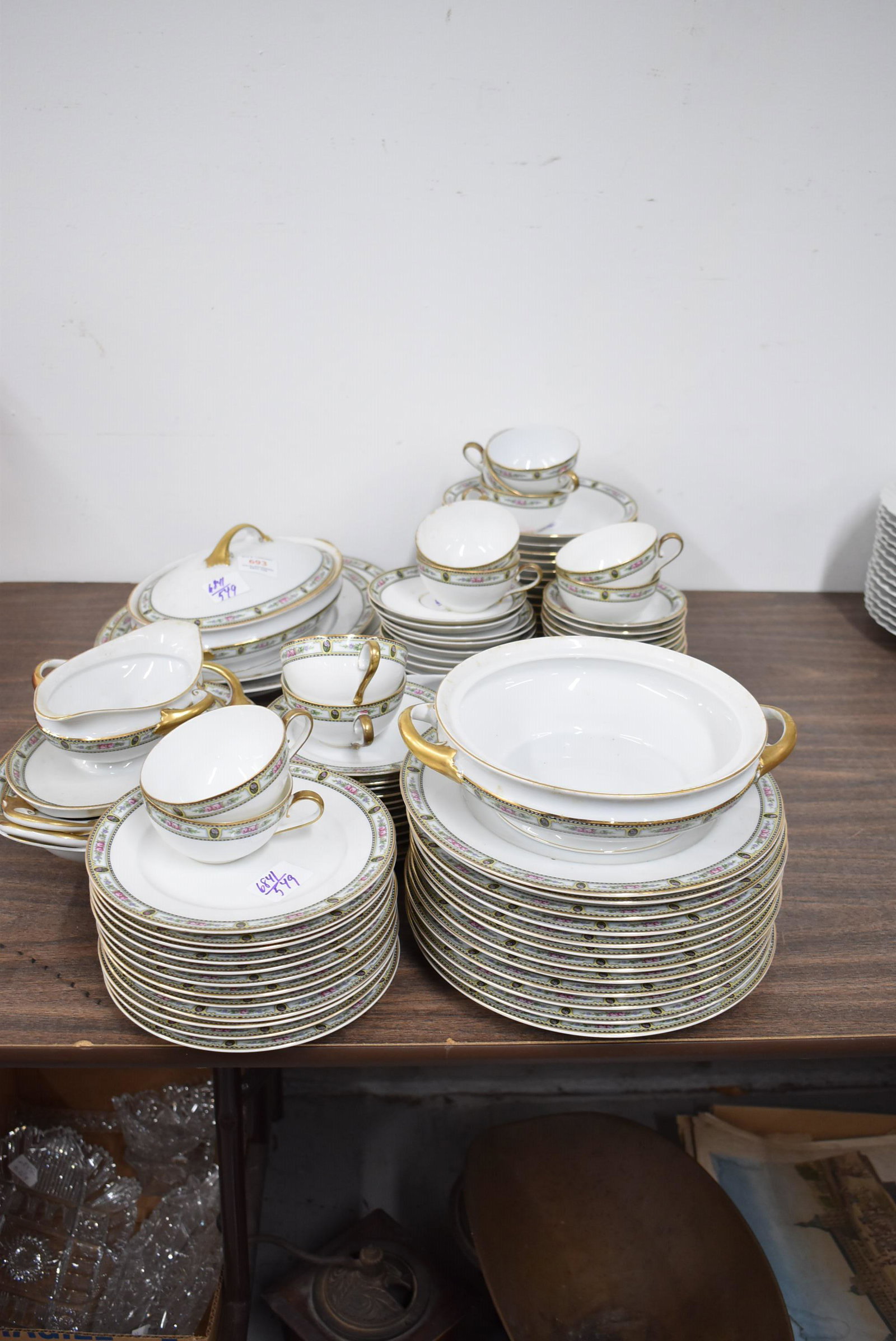 Rosenthal Bavaria Elite Partial Dinner Service: Rosenthal Bavaria Elite Partial Dinner Service 79 pieces, floral design banding with gold gilt handles and rims. (12) 10" dinner plates, (12) 8" soup plates, (12) 6" bread plates, (12) 7-5/8" dessert 