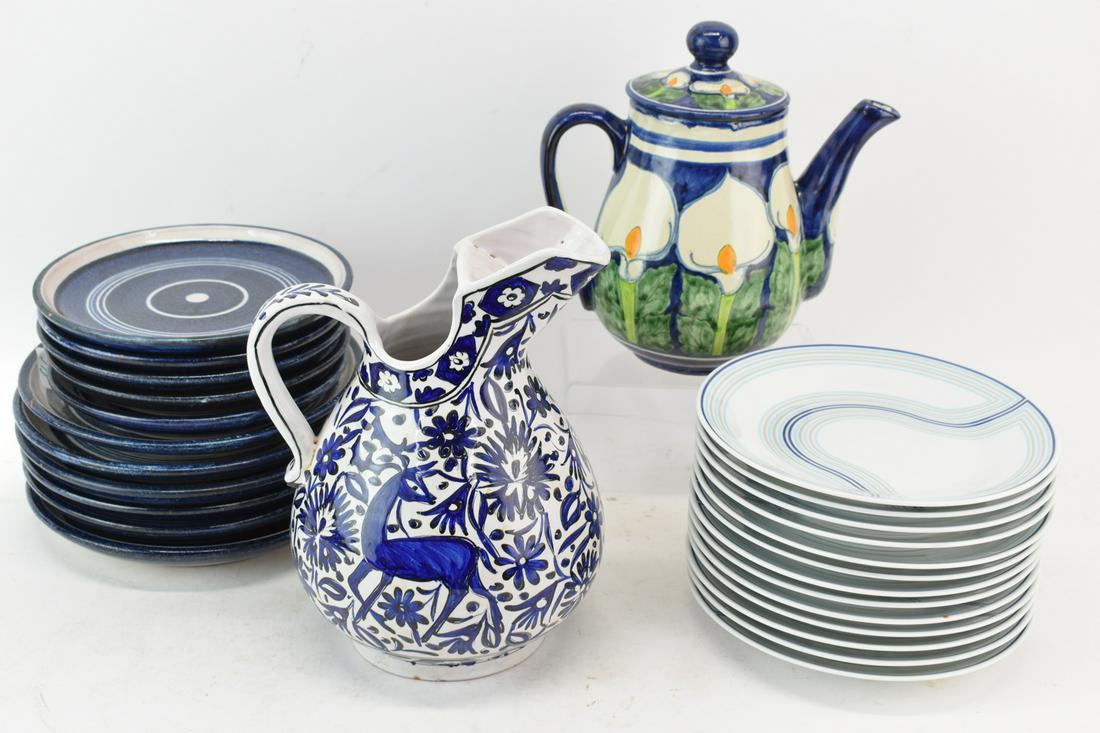 Set Richard Ginori Geometric Lines Plates: Set Richard Ginori Geometric Lines Plates together with Italian pottery plate set, blue and white Greek pitcher, and a blue ground cala lily teapot. (13) 7-3/4" Ginori plates, there are (6) assorted 8