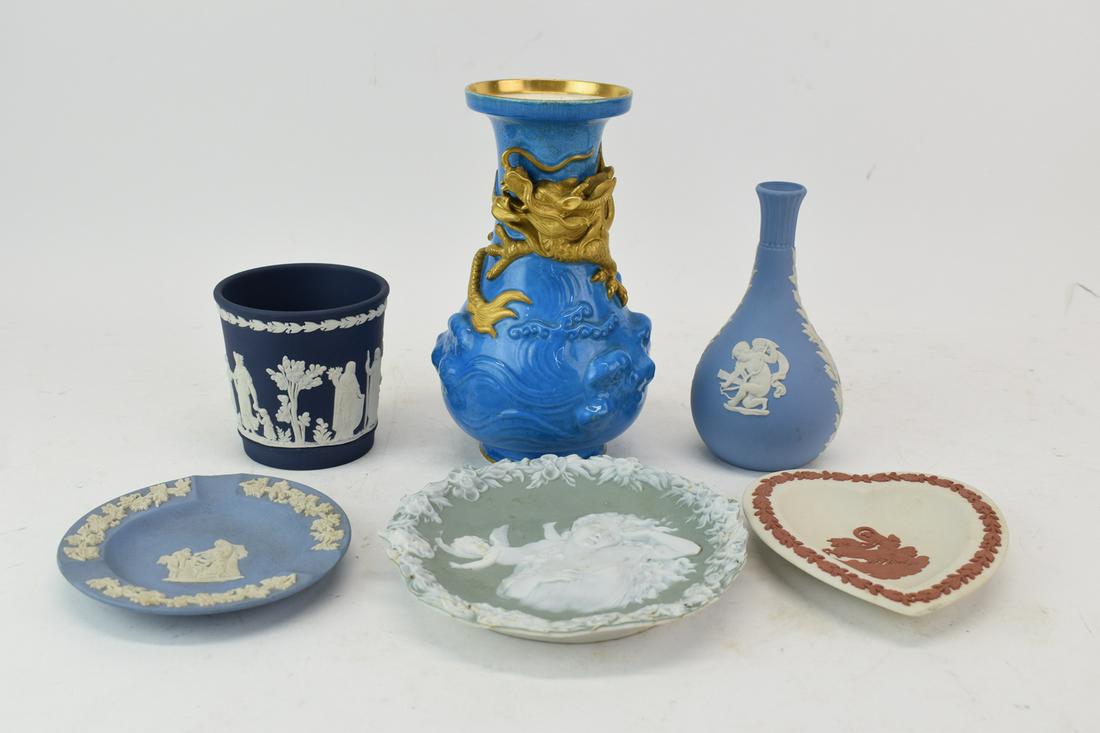 Copeland Blue Ground Gold Dragon Vase: Copeland Blue Ground Gold Dragon Vase together with assorted jasperware pieces, most marked Wedgwood. Six pieces altogether. All are in used condition, the vase has a rim crack, glaze crazing and disc