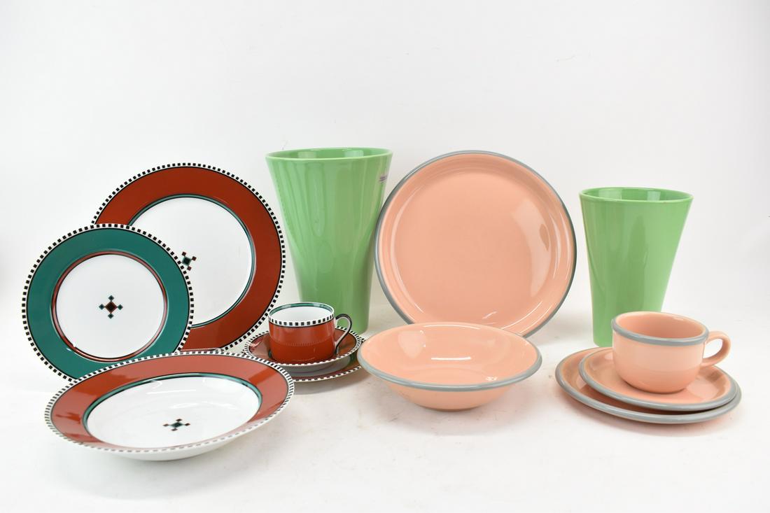 Nova Studio Peach Parfait Partial Dinner Set: Nova Studio Peach Parfait Partial Dinner Set together with "Mezzo" pattern by Fitz & Floyd, and two vintage green Villeroy & Boch flower vases. Nova pieces comprising (7) 10-5/8" dinner plates, (8) 7-