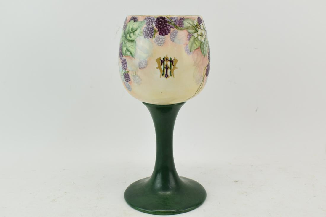 Belleek Willets Large Handpainted Berries Goblet: Belleek Willets Large Handpainted Berries Goblet having dark green base and stem, bowl covered in handpainted black raspberries and bearing the monogram "THW" intertwined in fancy script. Used conditi