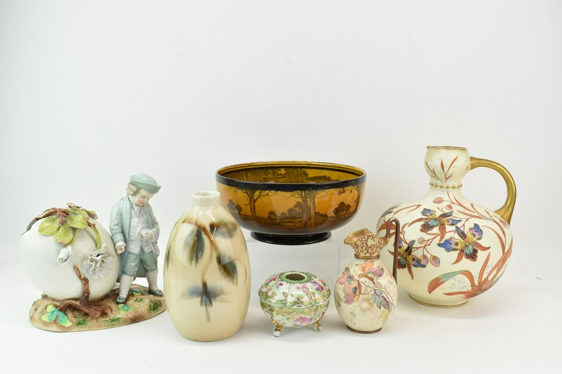 Six Porcelain Table Articles: Six Porcelain Table Articles, Royal Doulton bowl and pitcher, a Nippon covered box, a Pointons Stoke on Trent pitcher, a vase, and a figure of a boy with an egg. Chips, wear, repairs, distress.
