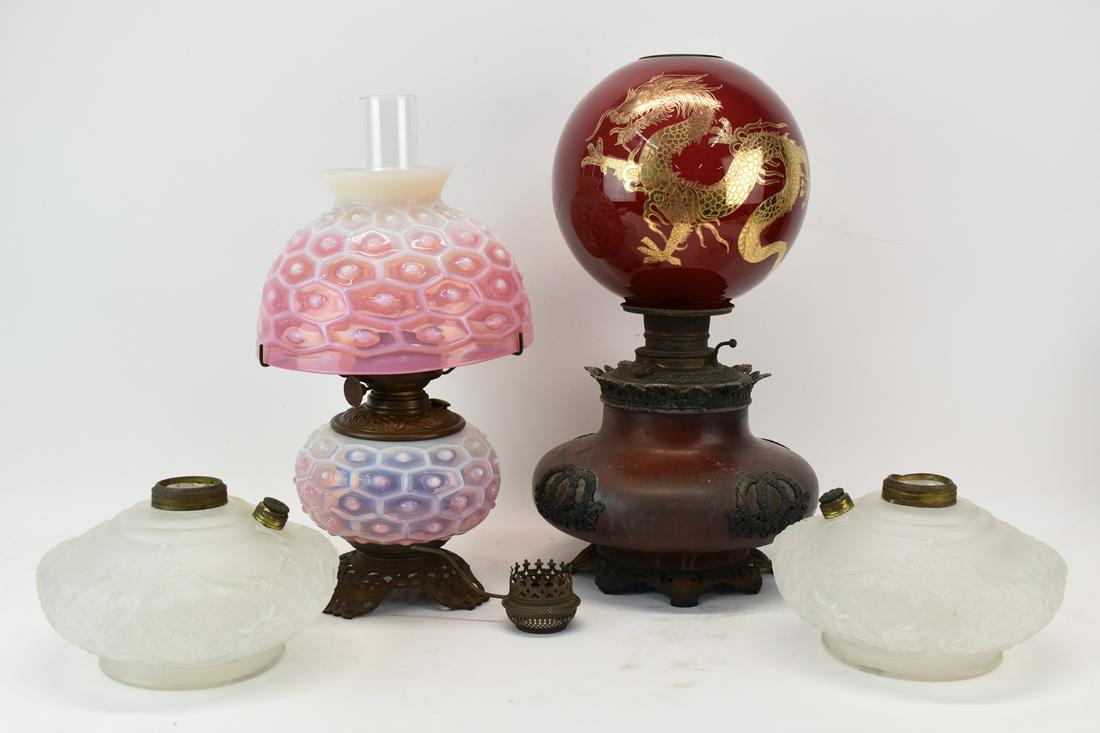 Vaseline Glass Fluid Lamp: Vaseline Glass Fluid Lamp. Together with pair of antique frosted glass fonts. Gone with the Wind Asian style lamp. 4 pieces. Losses, wear, surface distress. Tallest: 20"h
