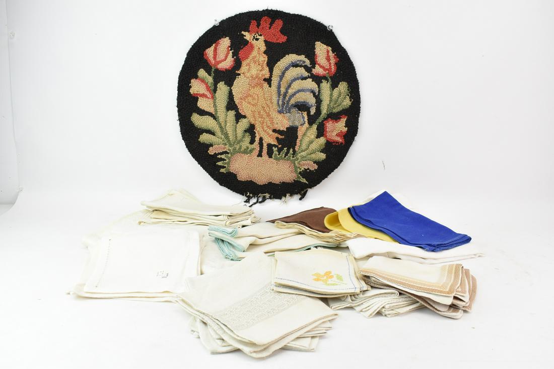 Group of Assorted Table Linens: Group of Assorted Table Linens. Including napkins and table cover. Together with a Rooster hooked Rug. Used condition, wear, worn, stains. Rug size 15" diameter