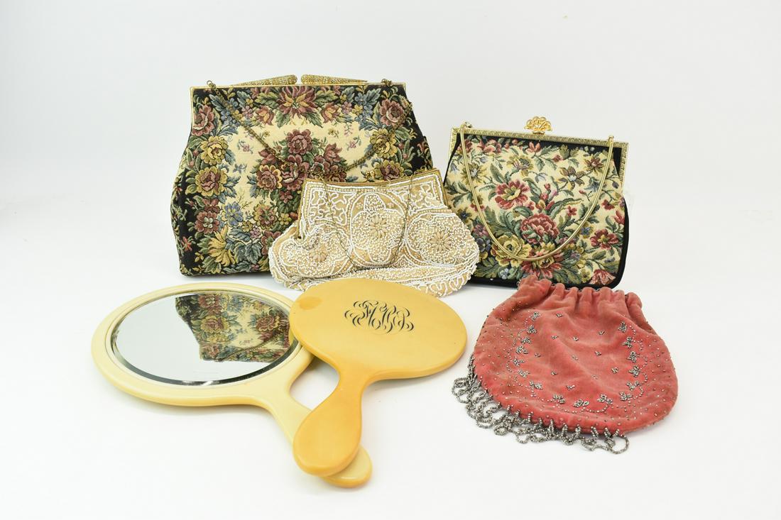 Three Vintage Purses: Three Vintage Purses, two needlework fabric and one beaded. Together with two hand mirrors. Wear, surface distress, losses.