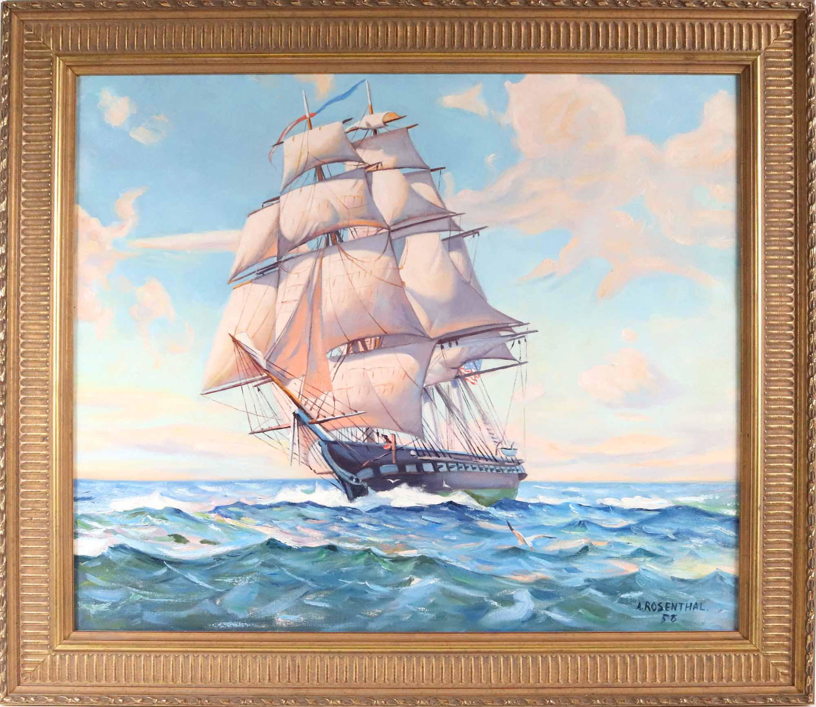 Abraham Rosenthal, "U.S.S. Constitution": (1886-1963) oil on canvas, signed and dated 1958 l.l., titled on verso and also inscribed "To Mr. and Mrs. Edwin Bray, oceans of luck, A. Rosenthal, A Friend, 1958" Overall: 29-1/2"h x 33-1/2"w Sight: