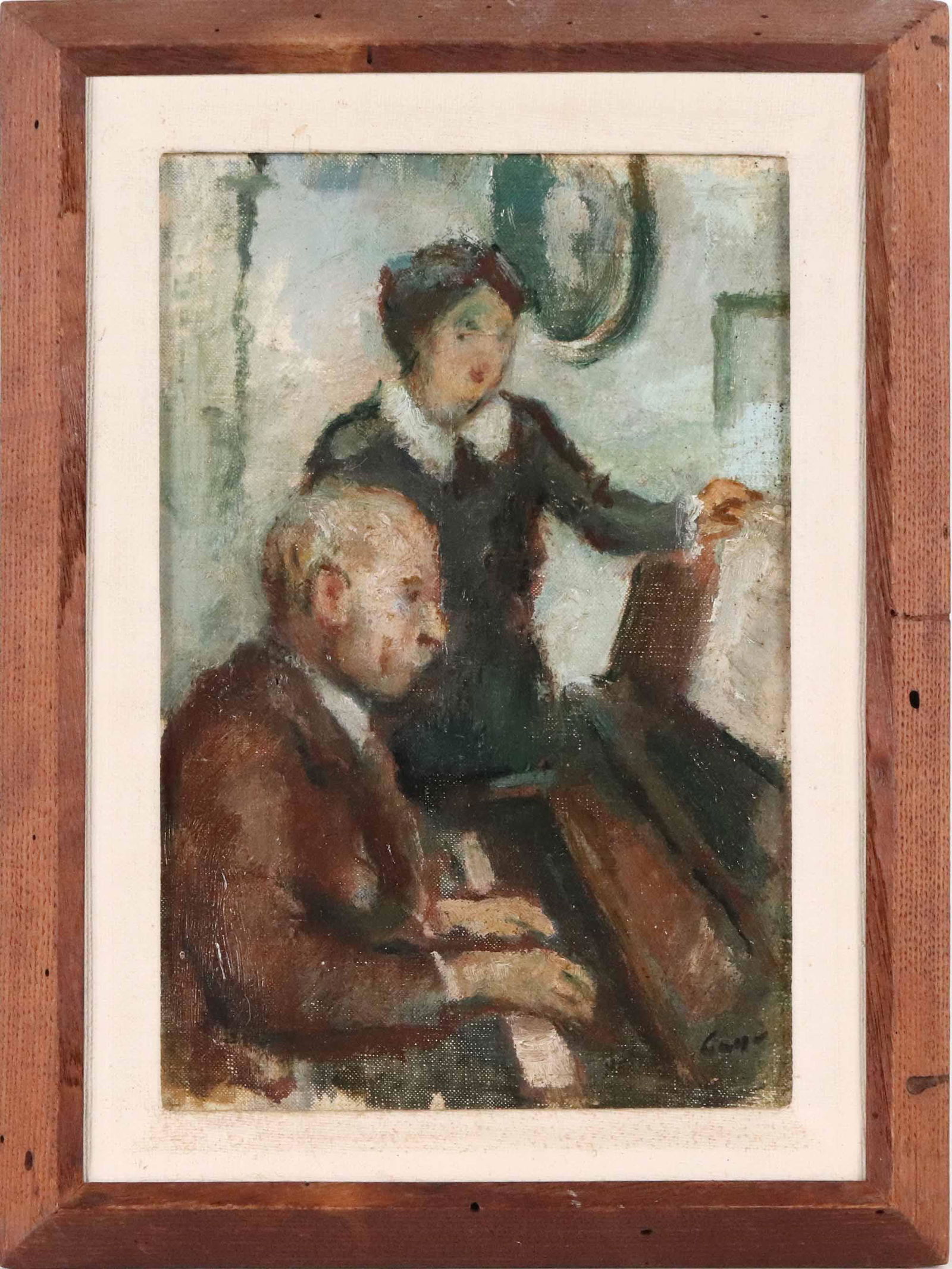Bernard Gussow, Figures Playing Piano: (1881-1957) oil on masonite, signed l.r. Overall: 14"h x 10-1/4"w Sight: 10-3/4"h x 7-1/4"w Provenance: Pook & Pook Inc., 9/25/04, Lot 122, $862.50