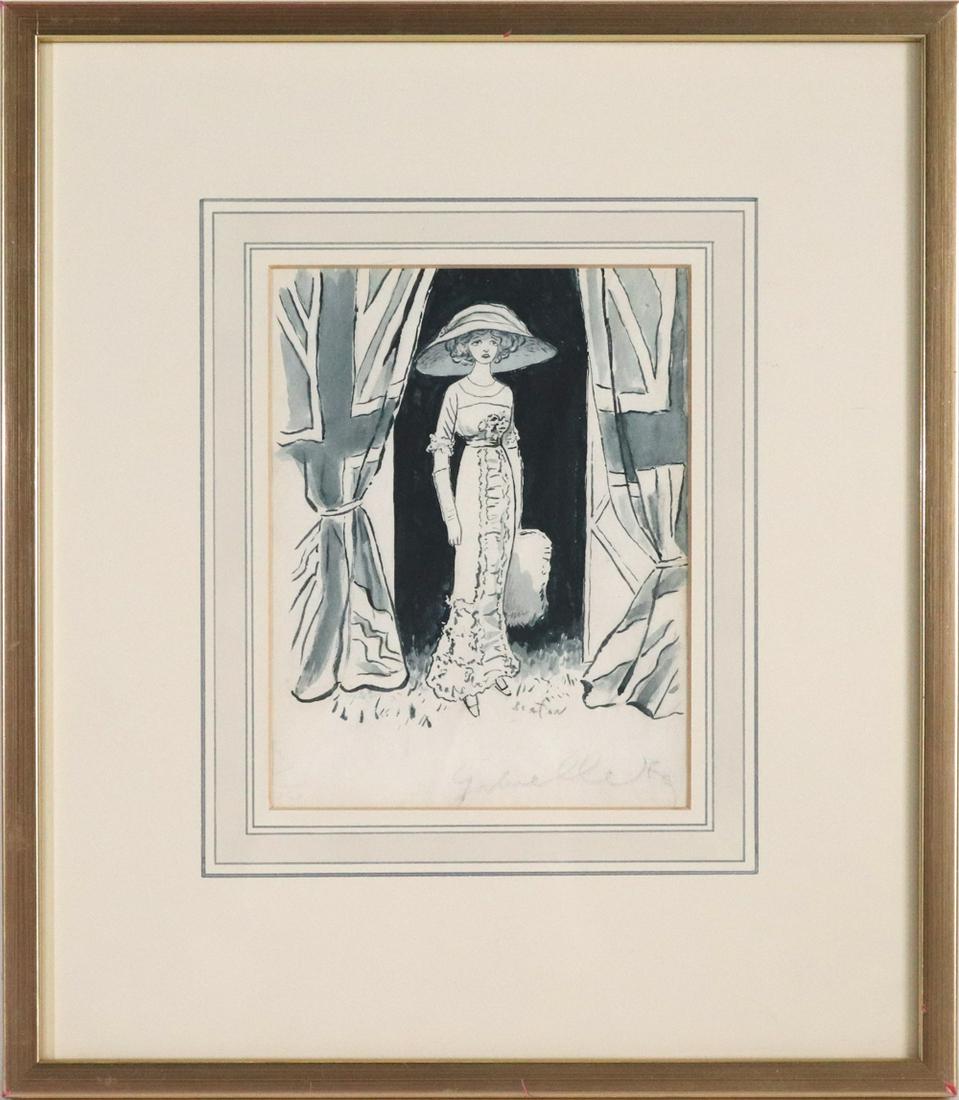 Cecil Beaton, Sketch of Gabrielle Ray: (British, 1904-1980) pen, ink, and wash on paper, titled "Miss Gabrielle Ray at a Theatrical Garden Party", signed "Cecil Beaton" and inscribed "Gabrielle Ray" Overall: 14-3/4"h x 12-1/2"w Sight: 7-1/