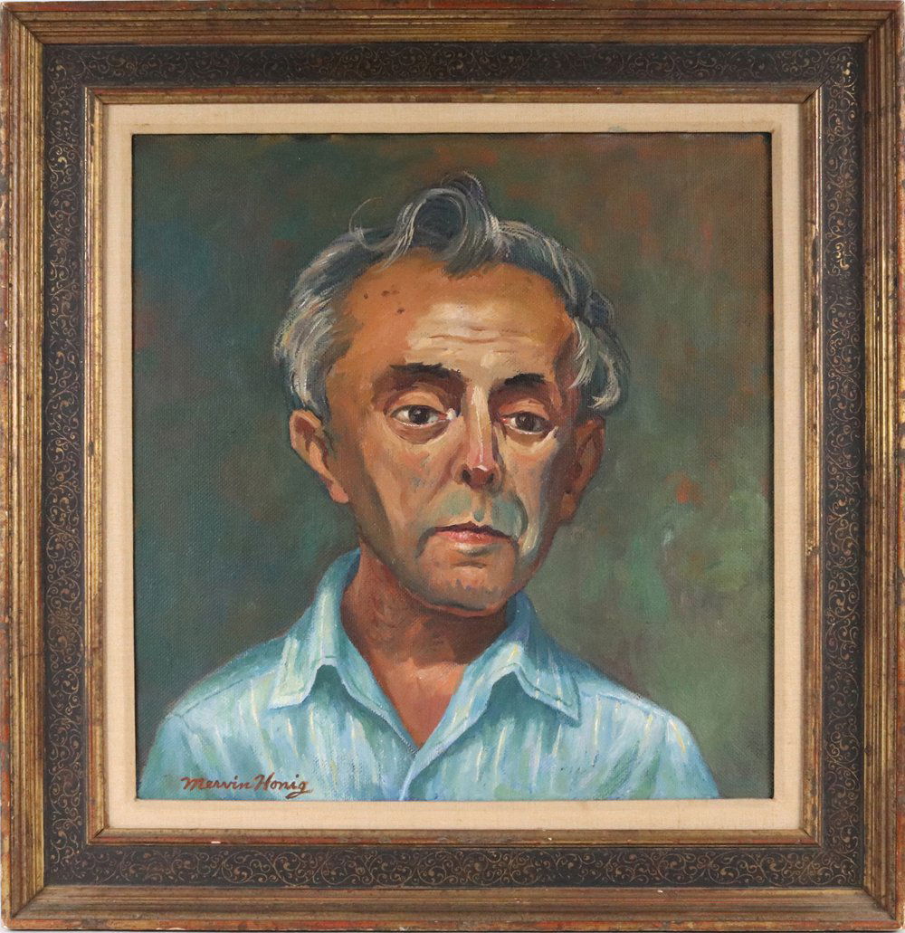 Mervin Honig, "Portrait of Moses Soyer": (1920-1990) oil on canvas, ca. 1955, signed l.l. Overall: 25-1/4"h x 24-1/4"w Sight: 18-1/2"h x 17-1/2"w