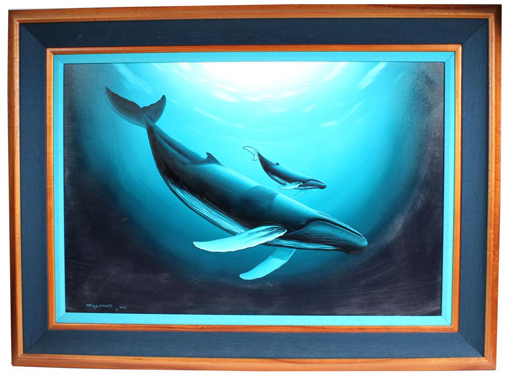 Robert Wyland, Oil on Canvas, Humpback Whale: (American, b. 1956) signed and dated 2002 l.l., signed verso by the artist Overall: 33-3/4"h x 45-3/4"w Sight: 23-1/2"h x 35-1/2"w