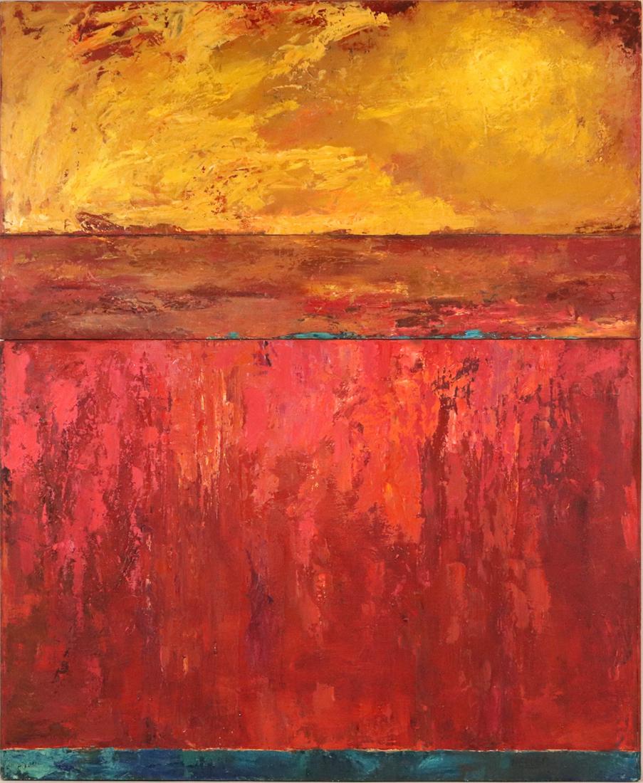 Valerie Heller, Oil on Wood, "Long Hot Summer": Signed l.r. and verso. 48"h x 5'2"w