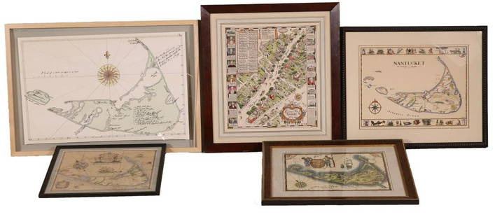 Five Maps of Nantucket: Four of the island and one of Main Street, including one by Tony Sarg (German, 1880-1942) Frames loose. Sizes from 17"h x 20"w to 23"h x 34"w overall