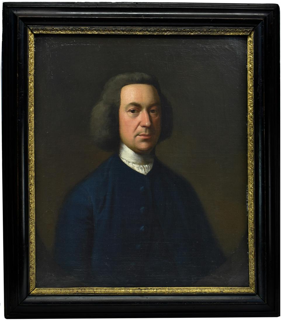 American School, Portrait of Valentine Jones: Possibly by John Wollaston (British, 1710-1775), 18th C., oil on canvas, unsigned. Valentine Jones (1711-1765) was purported to be a prominent Quaker gentleman in the 18th C. The verso retains a later