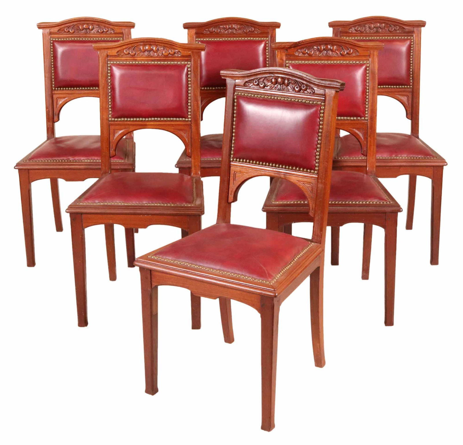 Six Art Nouveau Carved Mahogany Dining Chairs: Stamped "F. Mercedes", French, 20th C. 37"h