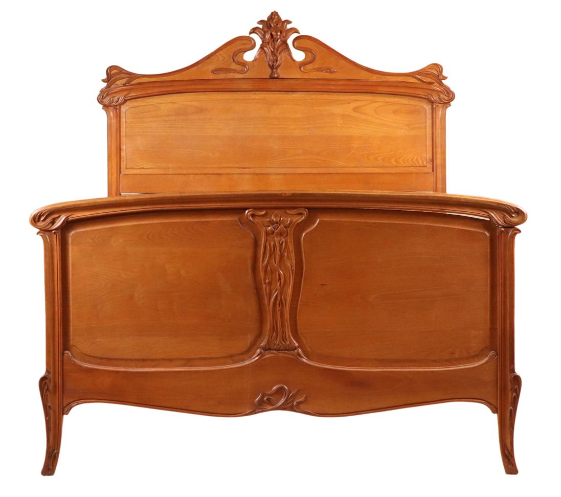 Art Nouveau Carved Oak and Cherrywood Bedstead (1 of 13)