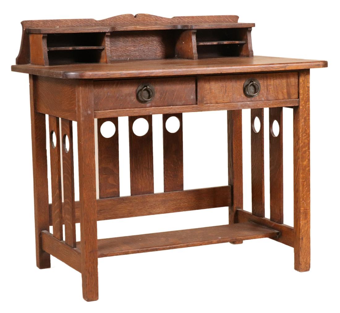 Arts and Crafts Oak Desk: 20th C., labeled "Karcher & Rehn, Philadelphia" 33-1/2"h x 36"w x 23-1/2"d