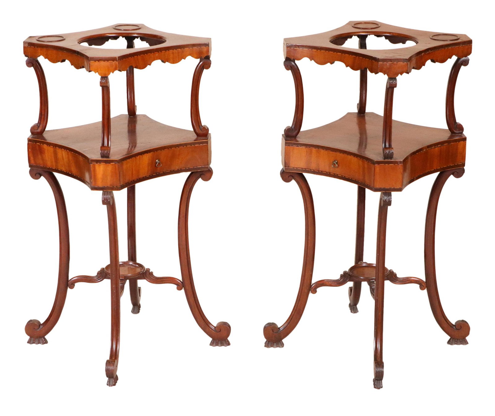 Pair of George III Inlaid Two-Tier Basin Stands: ca. 1780, with scroll feet and inlay Each 33-1/8"h x 15"w x 15"d