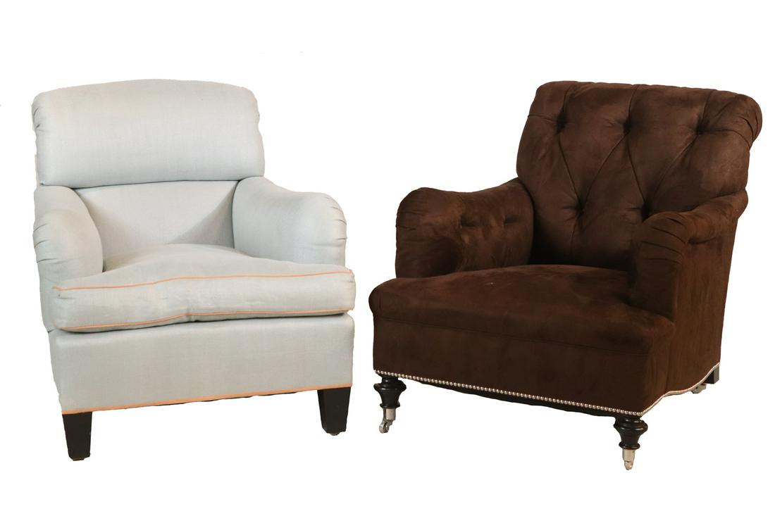 Contemporary Blue-Upholstered Club Chair: Together with a contemporary brown suede upholstered club chair, both custom made from the Jeffrey Bilhuber and Luther Quintana workroom in New York City 32-1/2"h x 32"w x 41"d and 33"h x 31"w x 37"d