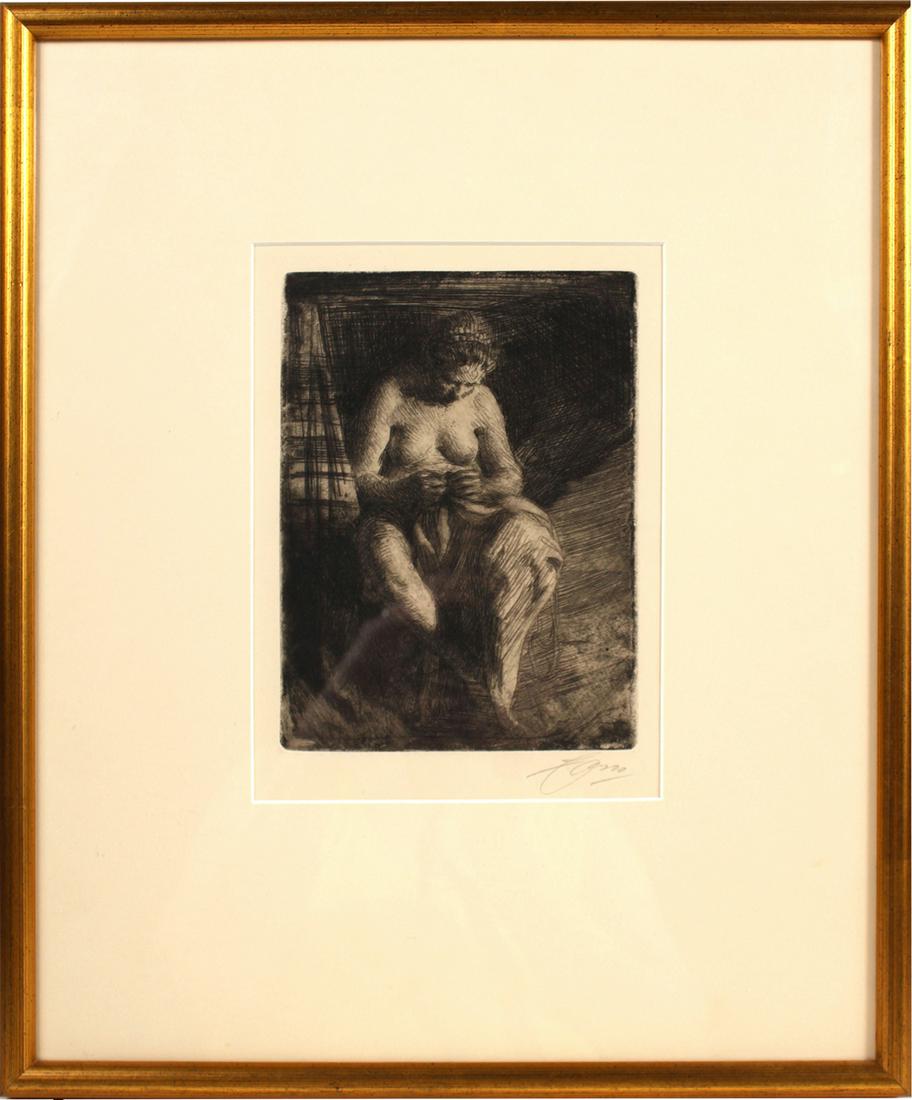 Anders Zorn, Drypoint/Etching, "Mending": (Swedish, 1860-1920) 1905, only state, signed "Zorn" in pencil l.r.c. Overall: 18"h x 15"w Sight: 9"h x 6-1/2"w Provenance: Childs Gallery, Boston; Property from the Estates of David and Laura Finn, W