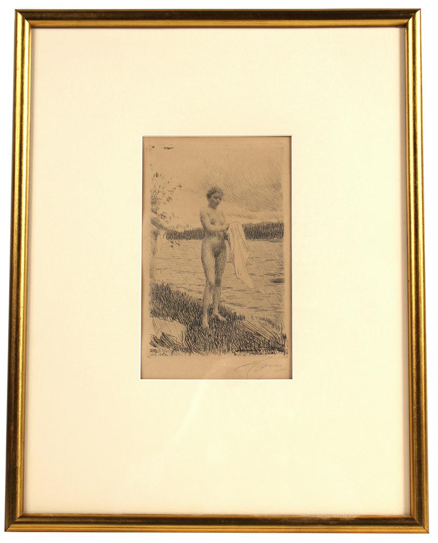 Anders Zorn, Etching, "Dalalven": (Swedish, 1860-1920) 1919, signed "Zorn" in pencil l.r.c. Overall: 16-7/8"h x 13-3/8"w Sight: 7-5/8"h x 4-3/4"w Provenance: Property from the Estates of David and Laura Finn, Westchester County, NY