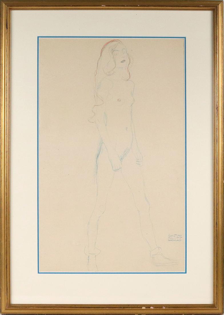 Attrib. Gustav Klimt, Standing Woman: (Austrian, 1862-1918) color lithograph, with "Gustav Klimt Nachlass" print mark l.r.c. Overall: 26-5/8"h x 18-5/8"w Sight: 19-5/8"h x 12"w Provenance: Property from the Estates of David and Laura Finn