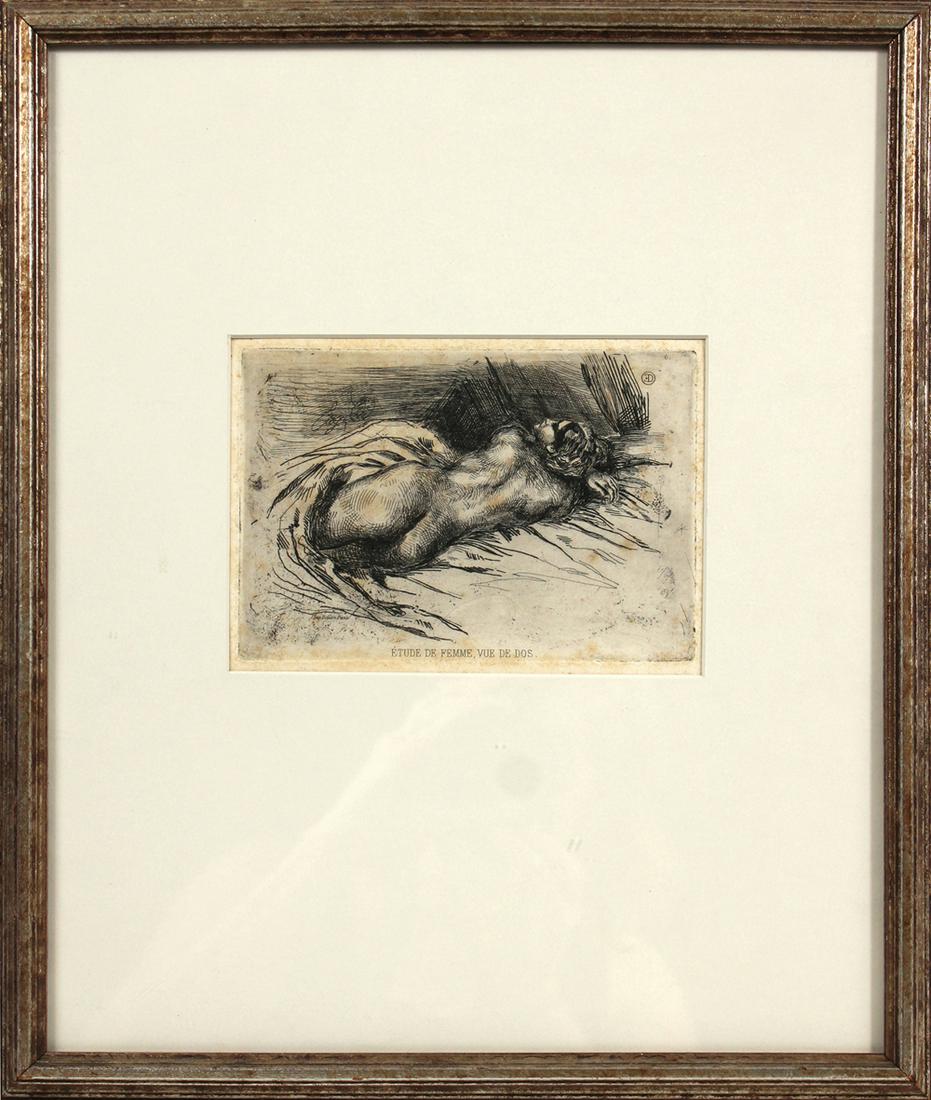 Eugene Delacroix, "Etude de femme vue de dos": (French, 1798-1863) 1833, etching, titled with capitals in the plate Overall: 15-3/4"h x 13-1/8"w Sight: 4-1/2"h x 6-1/2"w Provenance: William Weston Gallery, London; Property from the Estates of Davi