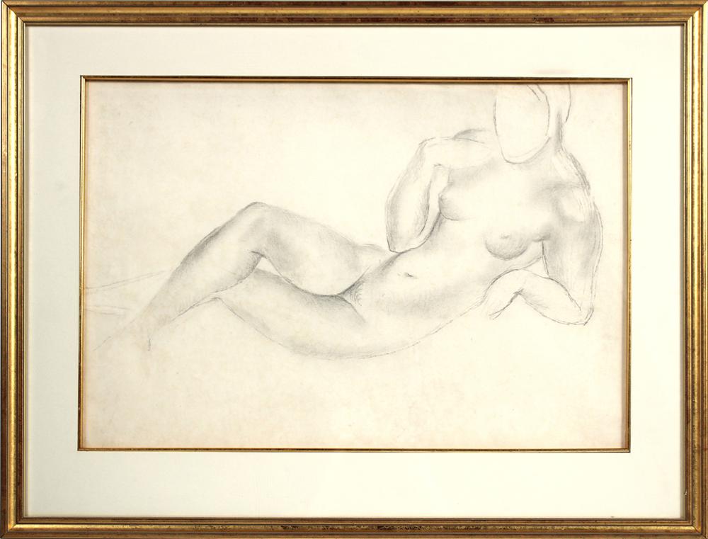 Frank Dobson, "Study Towards Reclining Figure": (British, 1886-1963) ca. 1926, pencil on paper Overall: 19-1/4"h x 24-3/4"w Sight: 13"h x 19"w Provenance: Gifted by artist to a colleague; thence by inheritance to a Private Collection; Gillian Jason