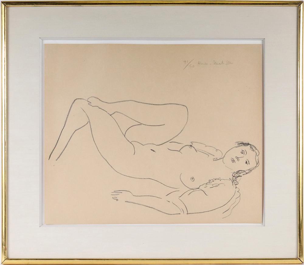 Henri Matisse "La blouse turque- etude de jambes": (French, 1869-1954) 1925, lithograph on smooth tan paper, signed and numbered 41/50 u.r.c. Overall: 25-3/4"h x 30-1/2"w Sight: 17-1/2"h x 22"w Provenance: The Leicester Galleries, London; Property fro