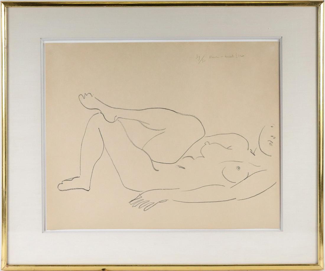 Henri Matisse "Reclining Woman with Partial Face": (French, 1869-1954) 1925, lithograph on smooth tan paper, signed and numbered 39/50 u.r.c. Overall: 25-3/4"h x 30-1/2"w Sight: 17-1/2"h x 22"w Provenance: The Leicester Galleries, London; Property fro
