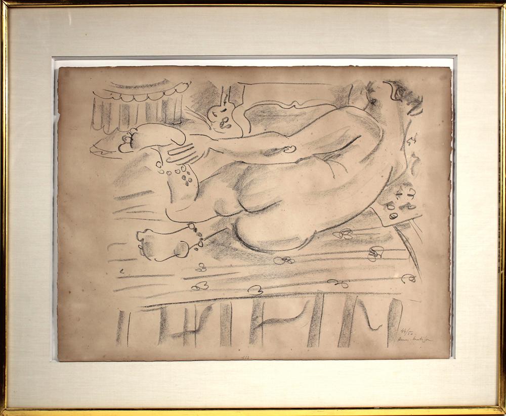 Henri Matisse, Lithograph, "Nu couche de dos": (French, 1869-1954) pencil-signed and numbered 44/50 l.r.c., also marked "113" below center of plate Overall: 28-1/4"h x 33-34/"w Sight: 19"h x 26"w Provenance: Leicester Galleries; Property from the 