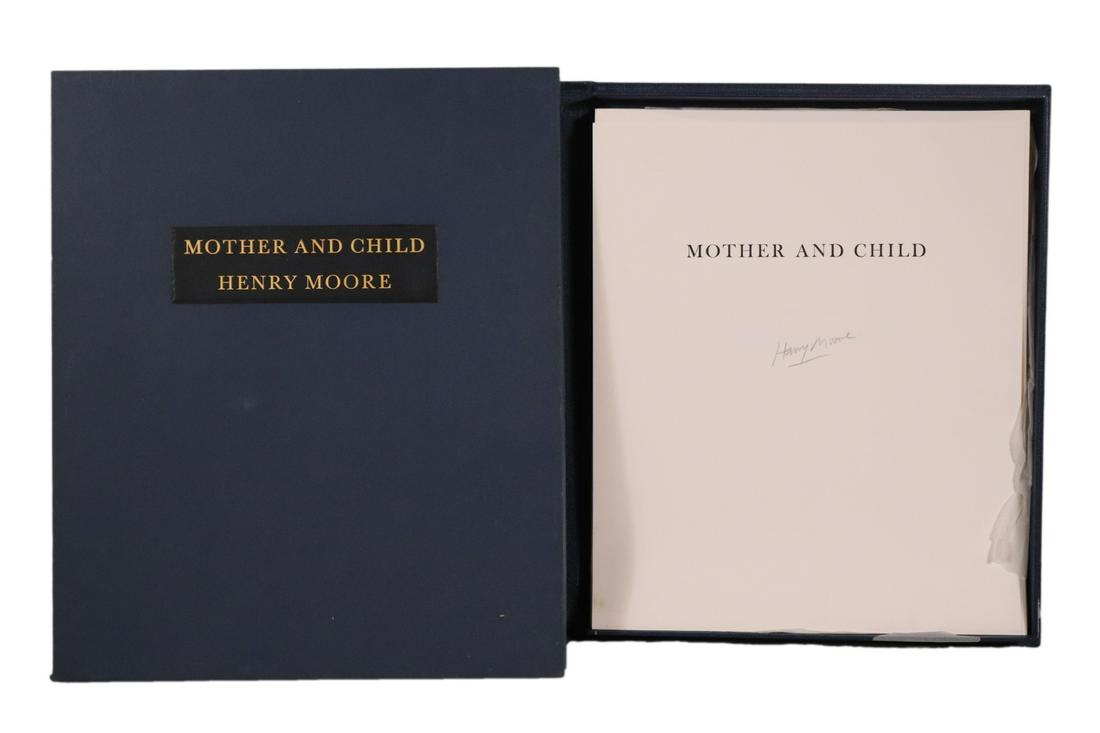 Henry Moore, "Mother and Child" Etching Portfolio: (British, 1898-1986) begun before the artist's death in 1986 but finished posthumously, this portfolio lacks the prints but does bear Moore's signature on the title page, the blue leather-bound portfo