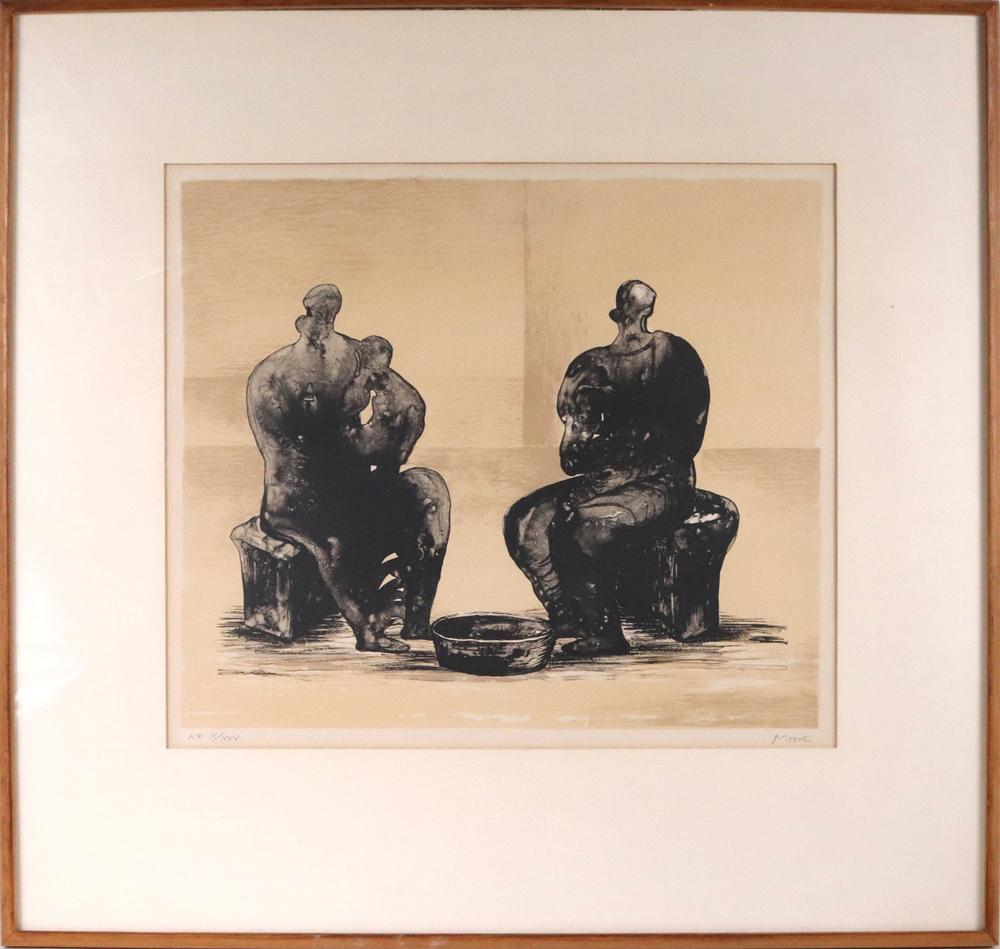 Henry Moore, "Two Women Bathing Child II": (British, 1898-1986) 1973, color lithograph, signed in pencil l.r. and numbered AP X/XXV l.l. Overall: 25-1/4"h x 26-1/2"w Sight: 14-1/2"h x 16-5/8"w Provenance: Property from the Estates of David and
