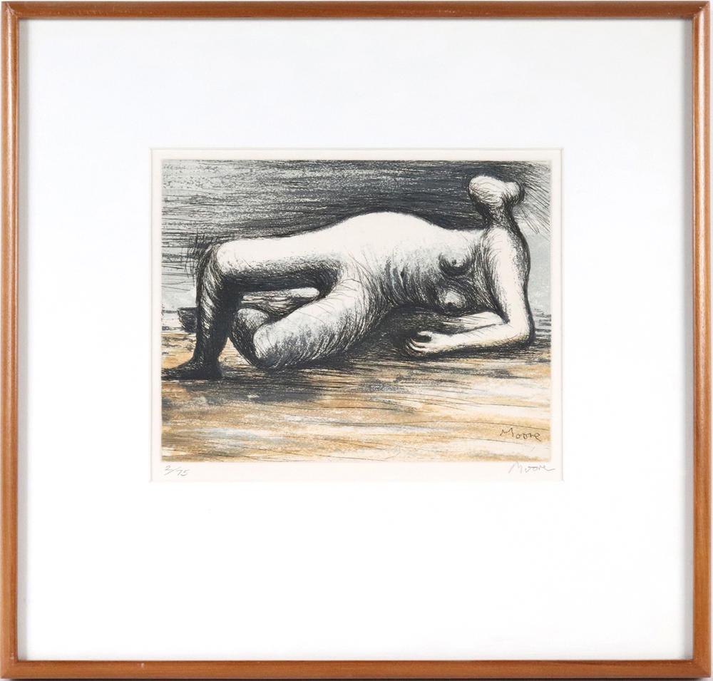 Henry Moore, Etching and Aquatint, Reclining Nude: (British, 1898-1986) 1983, etching and aquatint printed in colors, signed l.r. and numbered 2/75 l.l. Overall: 16-1/2"h x 17"w Sight: 7-1/4"h x 9-1/4"w Provenance: Property from the Estates of David a