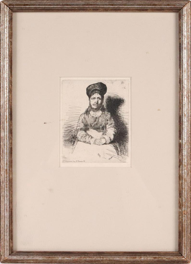 James McNeill Whistler, Etching, "Le Retameuse": (American, 1834-1903) ca. 1858 Overall: 14-1/4"h x 10-1/4"w Sight: 4-3/8"h x 3-1/2"w Provenance: Property from the Estates of David and Laura Finn, Westchester County, NY
