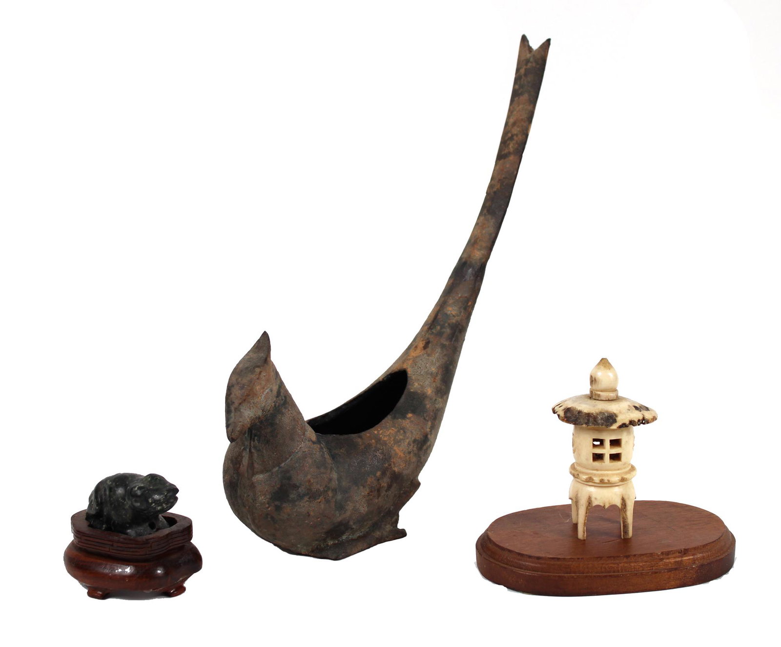 Japanese Antler Garden Lantern: Together with a hardstone okimono figure of a frog, both on wooden bases, and a stone bird-shaped drinking vessel, 3 pieces total Provenance: Property from the Estates of David and Laura Finn, Westche