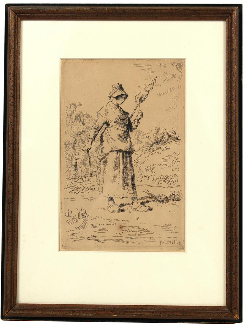 Jean-Francois Millet, "La Fileuse Auvergnate": (French, 1814-1875) ca. 1860, etching Overall: 13"h x 9-7/8"w Sight: 7-3/4"h x 5"w Provenance: Property from the Estates of David and Laura Finn, Westchester County, NY