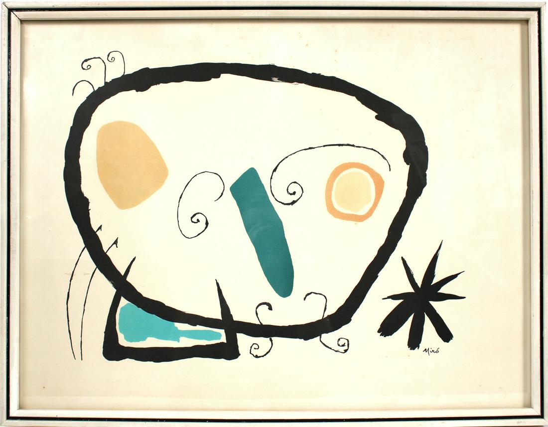 Joan Miro, Color Lithograph, "Head": (Spanish, 1893-1983) signed in plate Overall: 21-1/8"h x 27-1/8"w Sight: 19-1/2"h x 25-3/8"w Provenance: Property from the Estates of David and Laura Finn, Westchester County, NY
