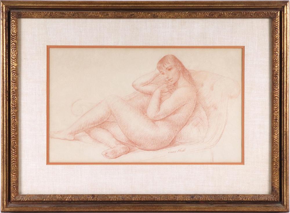Leon Kroll, Drawing, Reclining Woman: (American, 1884-1974) red crayon on paper, signed l.r. Overall: 20"h x 27-1/4"w Sight: 10-3/4"h x 18-1/4"w Provenance: Property from the Estates of David and Laura Finn, Westchester County, NY