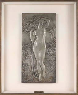 Leonardo Bistolfi, "Primavera": (Italian, 1859-1933) 1905, bas relief in silvered bronze Overall: 22-1/2"h x 18-1/4"w Sight: 16-1/4"h x 7-3/4"w Provenance: Traslucido, Florence; Property from the Estates of David and Laura Finn, Wes