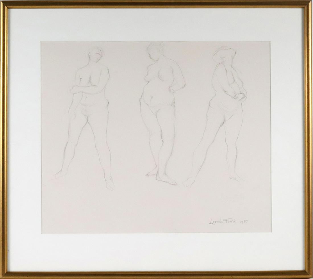 Leonda Froelich Finke, Three Standing Nudes: (American, b. 1922) 1985, pencil on paper, signed in pencil and dated l.r. Overall: 21"h x 23-3/4"w Sight: 14-1/2"h x 17-1/2"w Provenance: Property from the Estates of David and Laura Finn, Westcheste