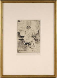 Louis Legrand, Etching & Drypoint, "La Toilette": (French, 1863-1951) signed in pencil and numbered 6/65 l.r., with stamp of publisher Pellet on lower edge Overall: 19-1/4"h x 13-7/8"w Sight: 8"h x 5-1/2"w Provenance: William Weston Gallery, London;